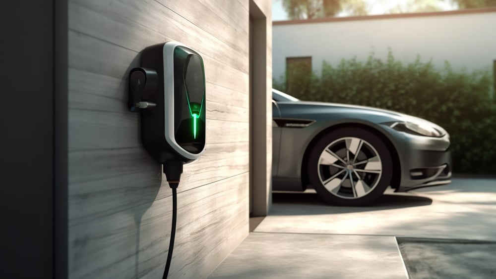 Moderne Wallbox mit grün leuchtendem Lichtsignal an einer Hauswand installiert, davor ein geparktes E-Auto – Symbolbild für eine individuelle, 360°-Beratung zur Elektromobilität und maßgeschneiderte Ladeinfrastruktur