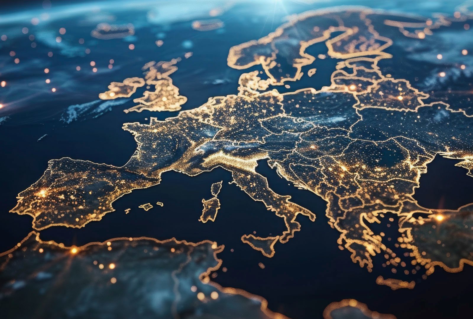 Leuchtende Europakarte bei Nacht mit Fokus auf vernetzte Ladeinfrastruktur für Elektrofahrzeuge in ganz Europa