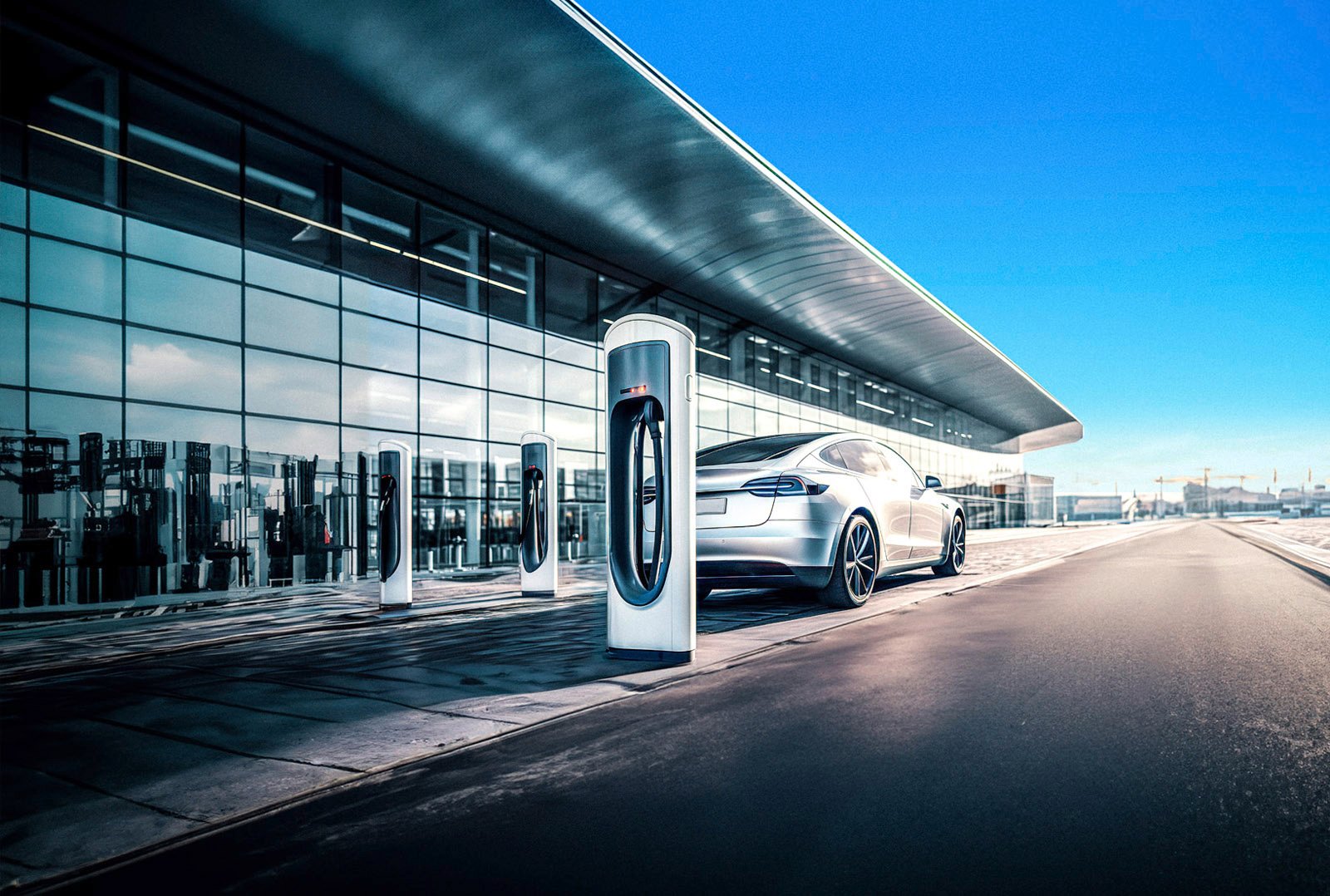 Silbernes E-Auto lädt an moderner Ladesäule vor einem Bürogebäude – Darstellung eines skalierbaren Ladeinfrastrukturkonzepts für Unternehmen im Rahmen der Standortelektrifizierung mit Charge4Business